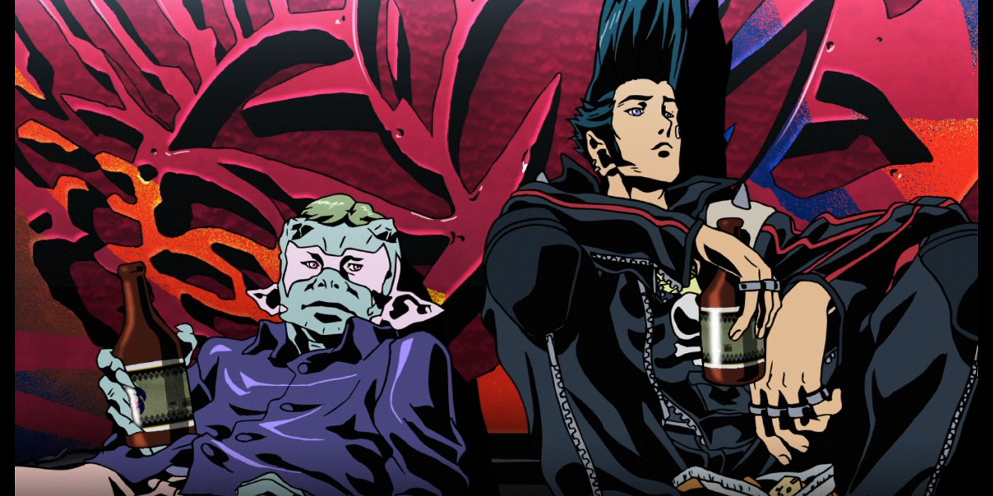 Tadanobu Asano and Takuya Kimura sitting next to each other and drinking in Redline (2009)