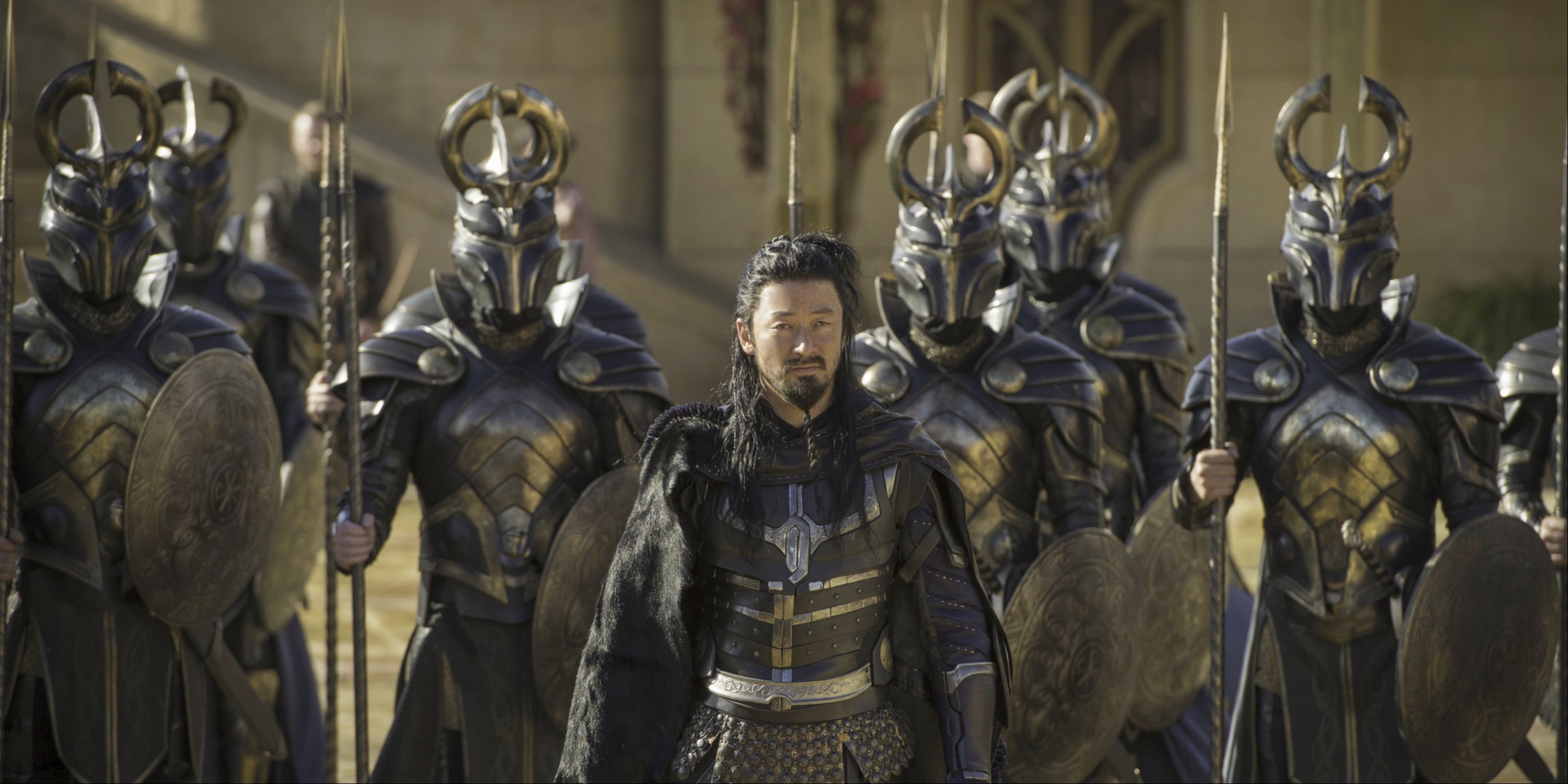 Tadanobu Asano standing with Asgurardian guards in Thor Ragnarok
