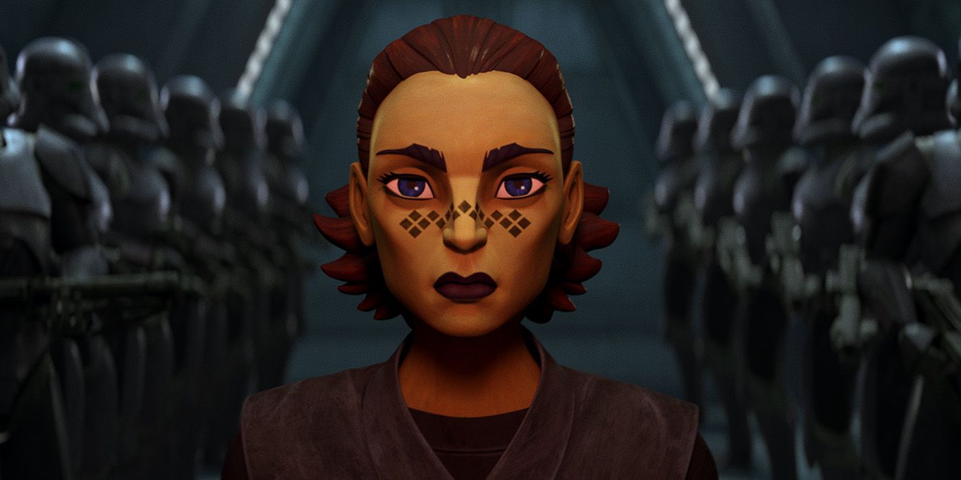 Barriss Offee faces the camera between 2 lines of Clone Troopers in Tales of the Empire. 