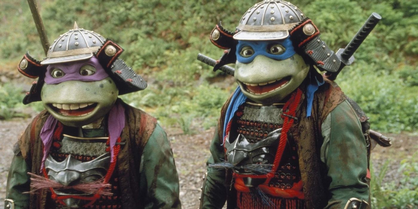 Two mutant turtles with confused expressions in Teenage Mutant Ninja Turtles III