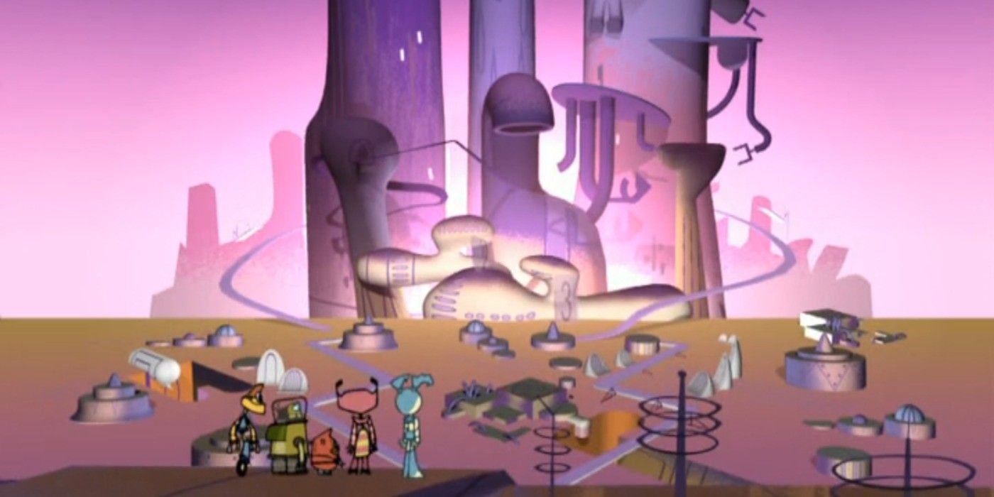 Jenny and her robot friends on the side of a cliff looking out at the beautiful robot city of Cluster Prime in the My Life as a Teenage Robot special, 'Escape from Cluster Prime'