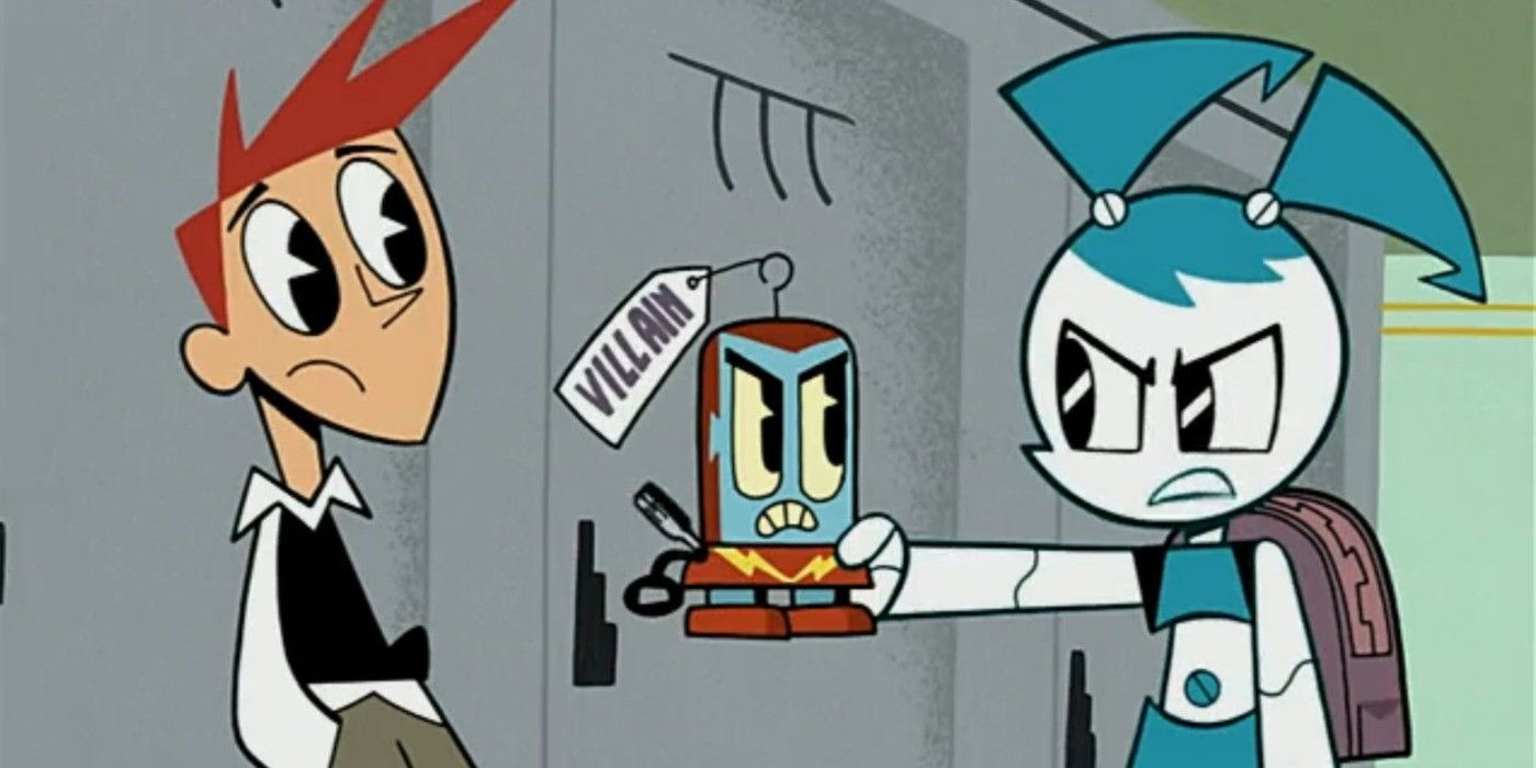 Jenny Wakeman holding up and showing Brad the evil yet unthreatening wind up toy villain, Killgore, in the My Life as a Teenage Robot episode 'Killgore'.