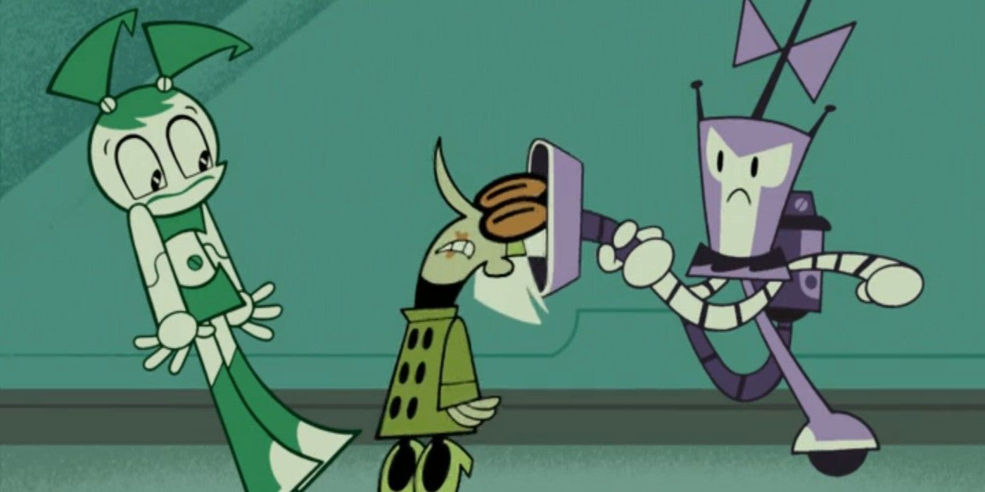 Jenny Wakeman watching in shock as Dr. Nora Wakeman is getting her head sucked into the vaccum of XJ-4 in the My Life as a Teenage Robot episode 'Turncoats'.