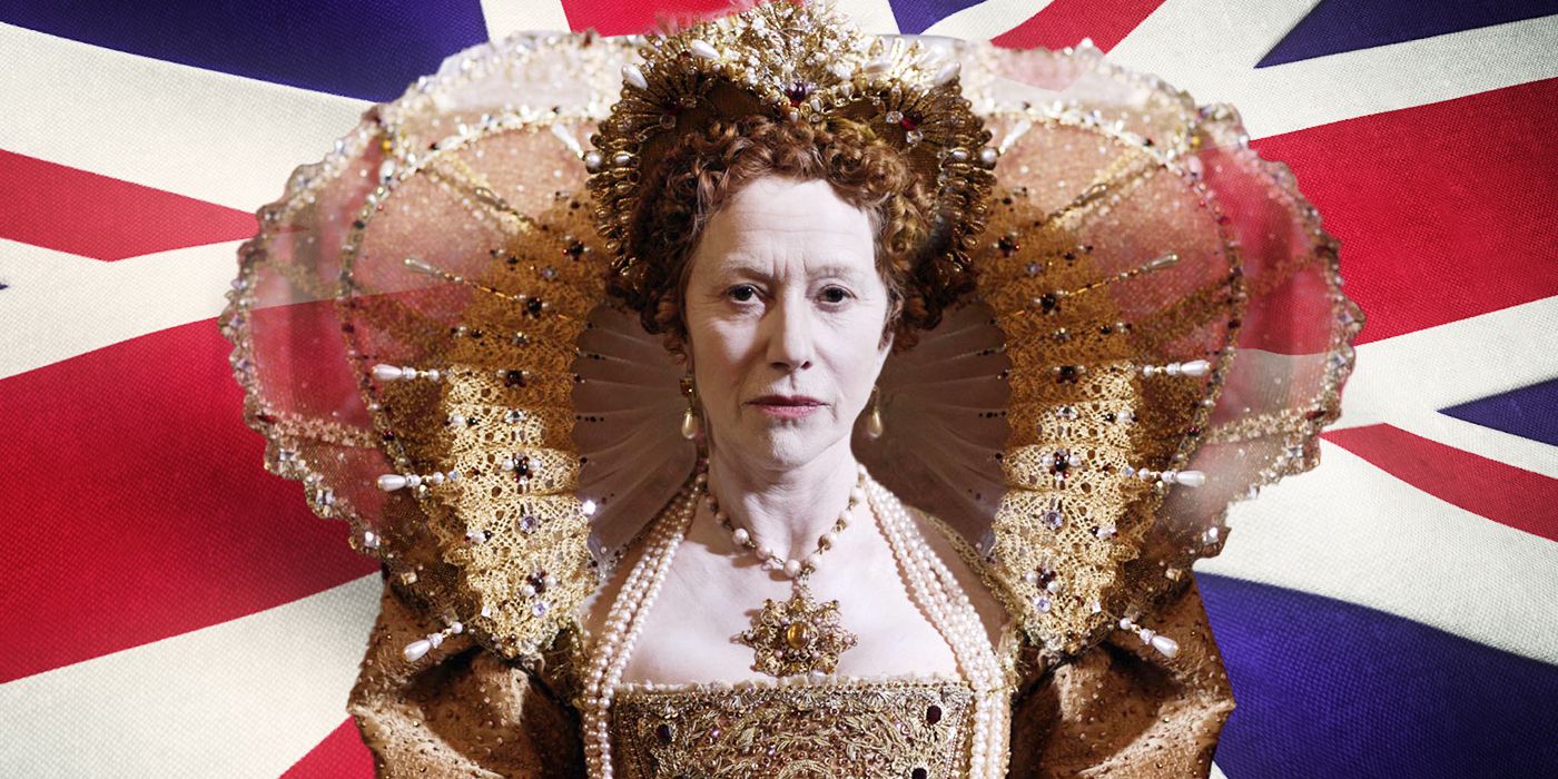 Blended image showing Helen Mirren as Elizabeth I with the UK flag on the background.