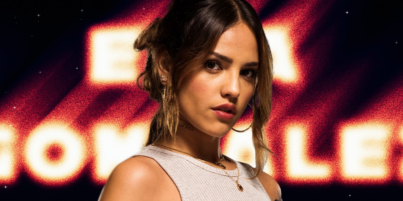 Blended image showing Eiza González with her name in neon letters on the background.