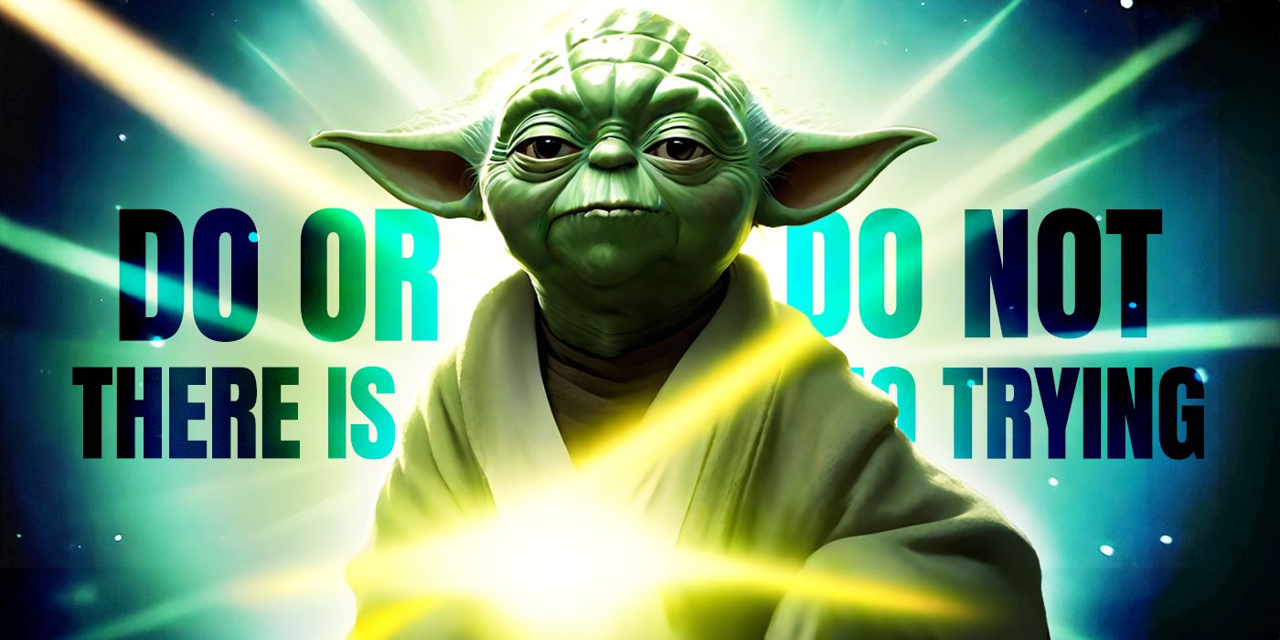 Blended image showing Yoda with one of his famous quotes on the background.