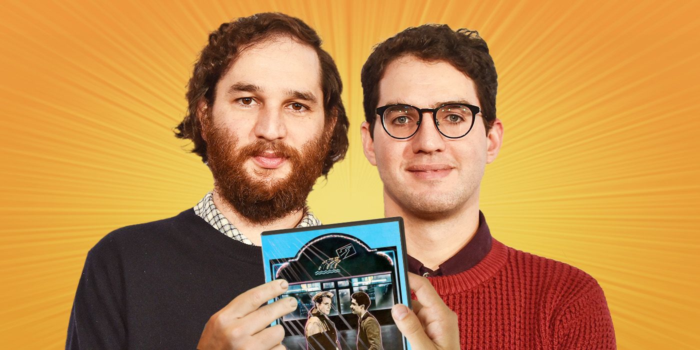Josh and Benny Safdie against a yellow backdrop, photoshopped to hold a DVD of My Beautiful Laundrette