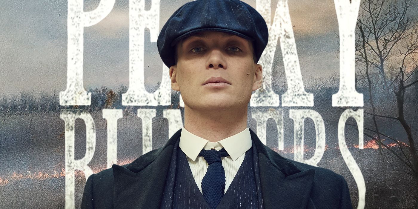 Cillian Murphy as Tommy Shelby in a custom image where he's looking at the camera with the title Peaky Blinders behind him