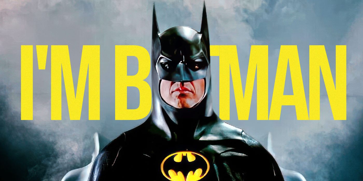 Blended image showing Michael Keaton as Batman with the words I'm Batman in large yellow letters