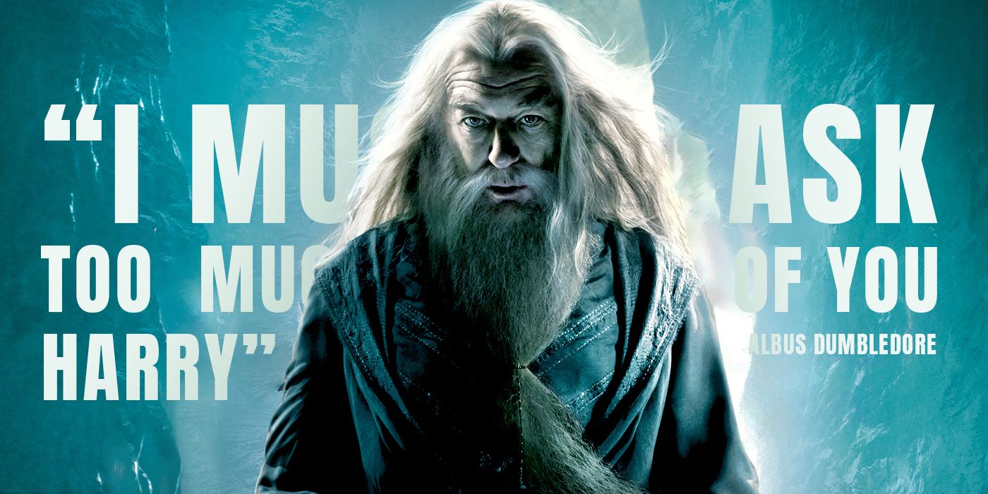 Blended image showing Dumbledore with a quote in large white letters on the background.