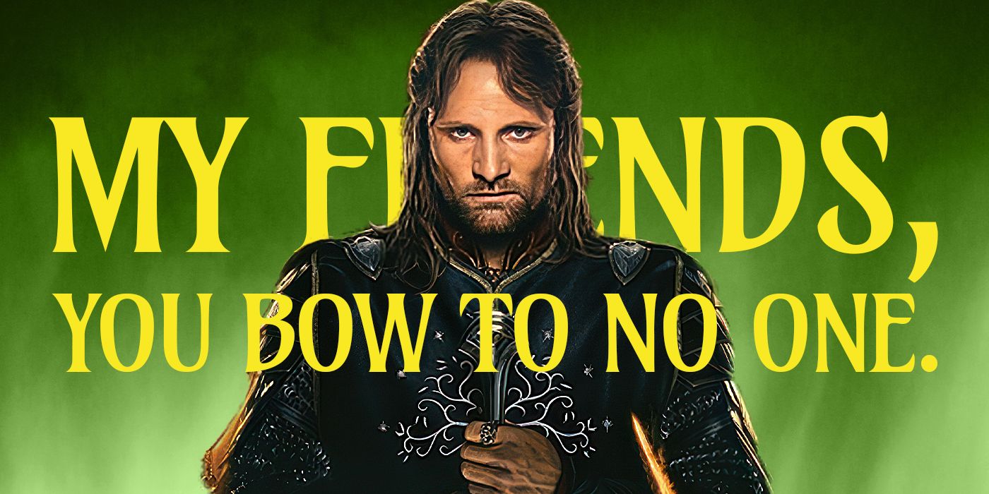 Blended image showing Aragorn with one of his quotes in large yellow letters in the background.