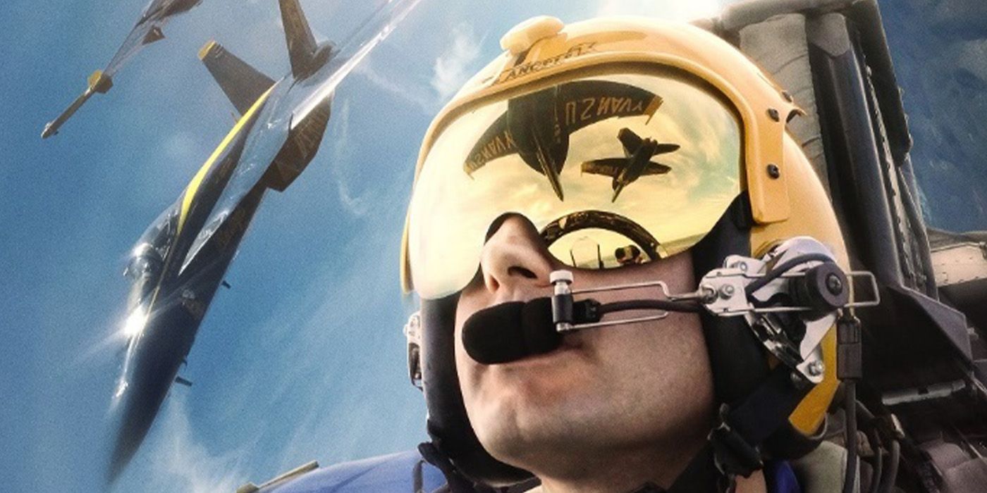 A close-up of a pilot flying a jet with the reflection of other jets in his goggles against a blue sky