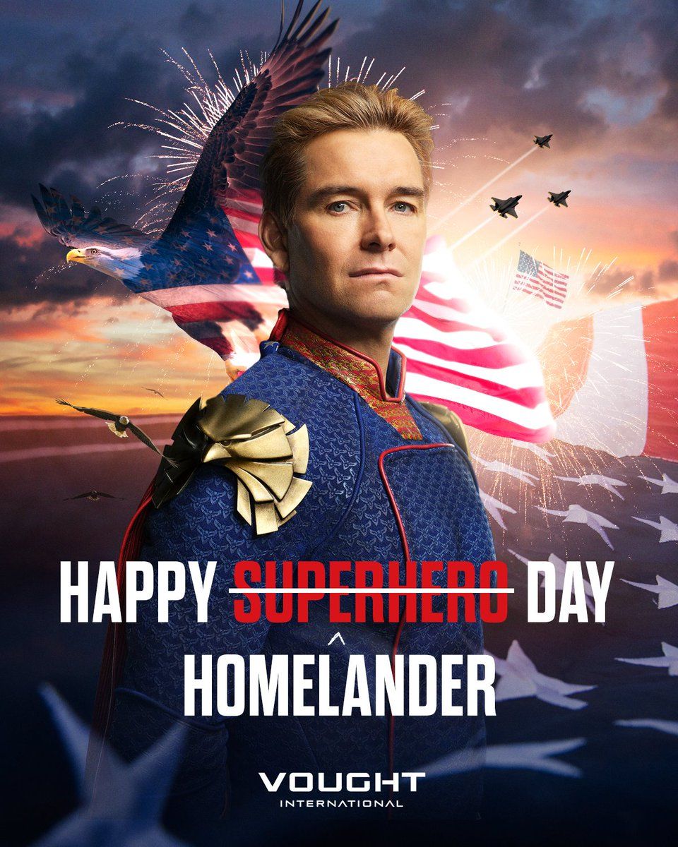 Antony Starr as Homelander in front of several American flags and a bald Eagle on a poster for The Boys Season 4