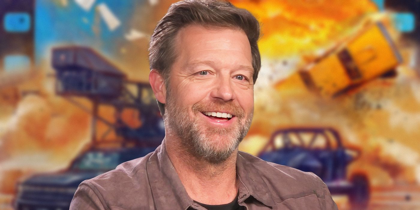 Custom image of David Leitch smiling with an explosion from The Fall Guy as a backdrop
