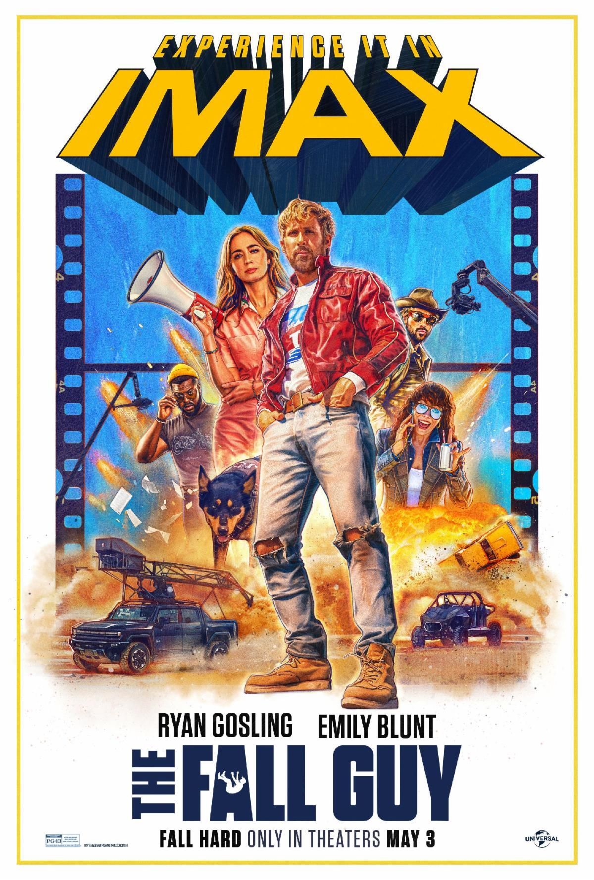 Poster art for The Fall Guy featuring Ryan Gosling and Emily Blunt posing with an explosion behind them