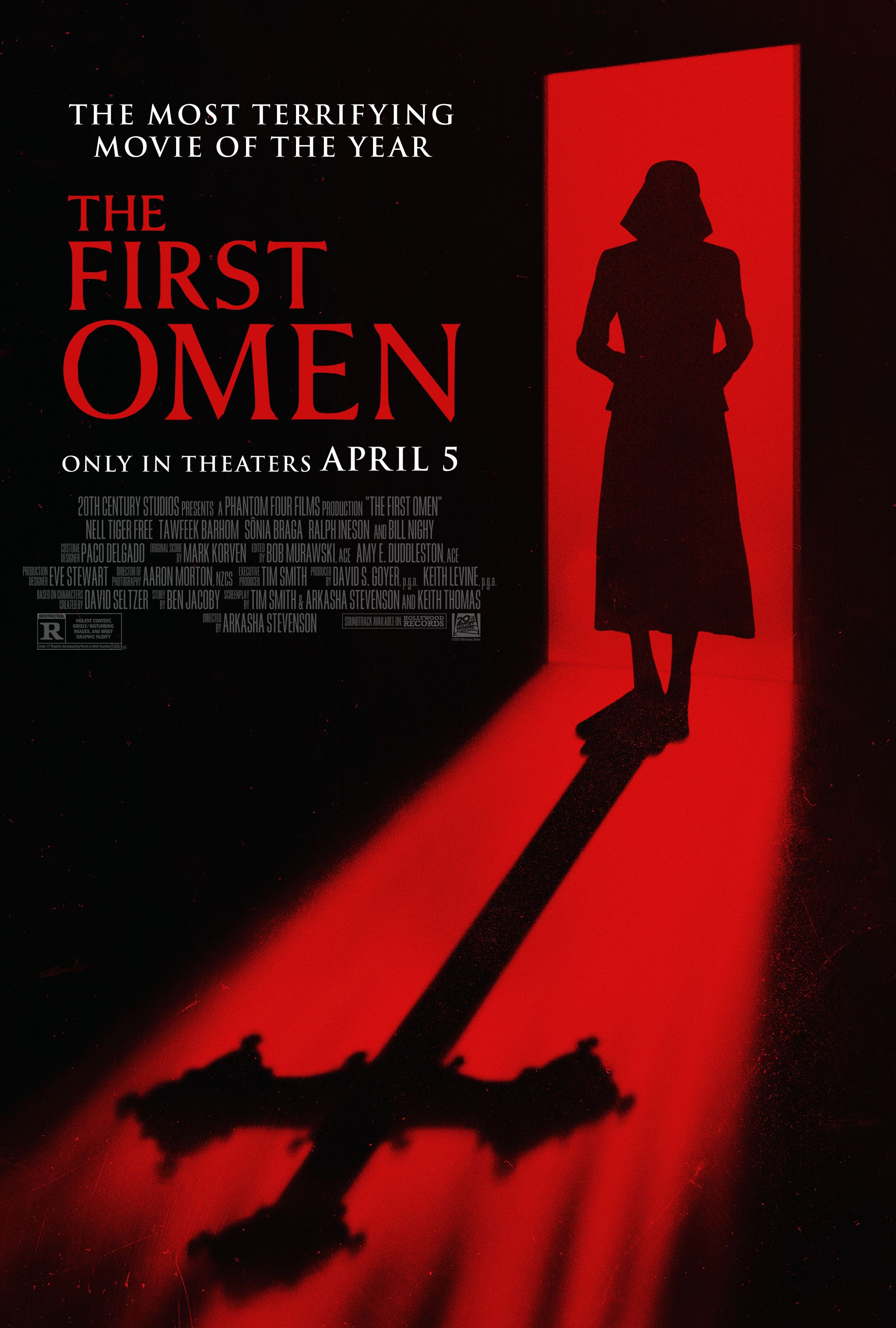 A woman standing in a red doorway with a cross as her shadow on the poster for The First Omen.