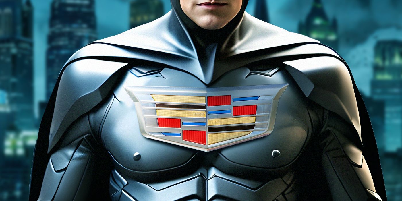 A custom image of a man in a Batman suit with the Cadillac logo on it