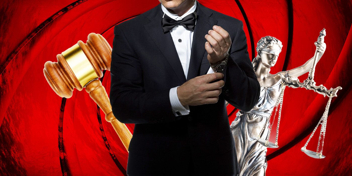Custom image of a cropped James Bond against a red, legal-themed background