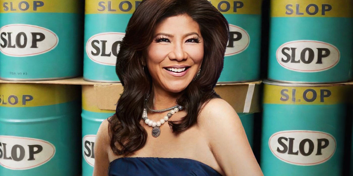 The host of Big Brother, Julie Chen, standing in front of cans of Slop
