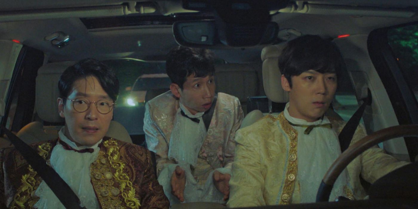 Three men in fancy suits ride in a car and look tense in The Penthouse War in Life.