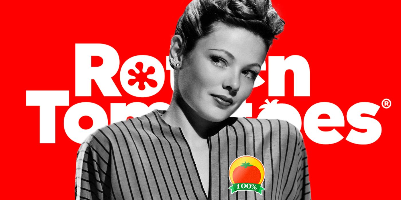 A black and white image of Gene Tierney from the film Laura against a red blackdrop and the words Rotten Tomatoes, and Tierney has a 100% Rotten Tomates icon score badge on her shirt