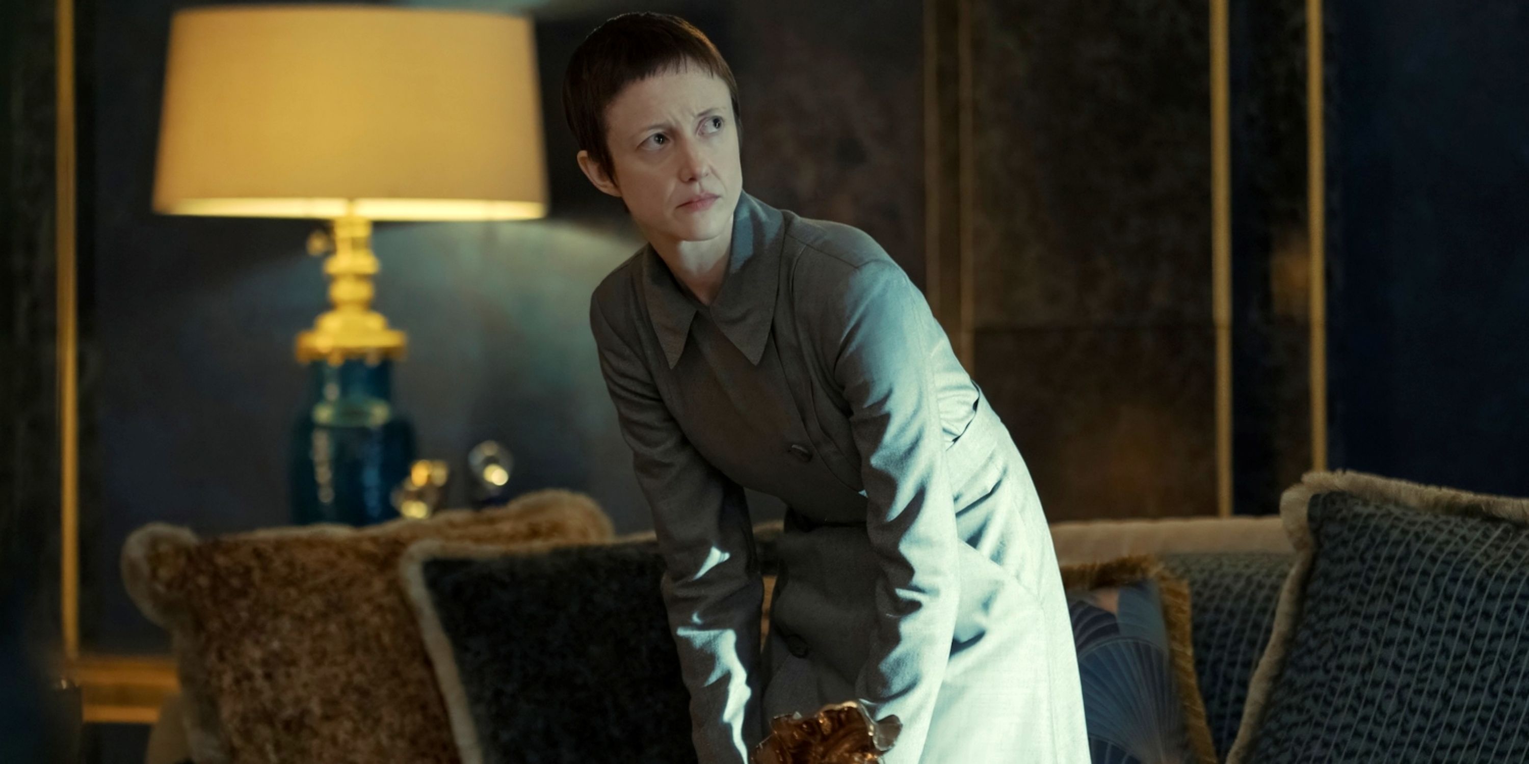 Andrea Riseborough as Agnes bending over in Episode 5 of The Regime