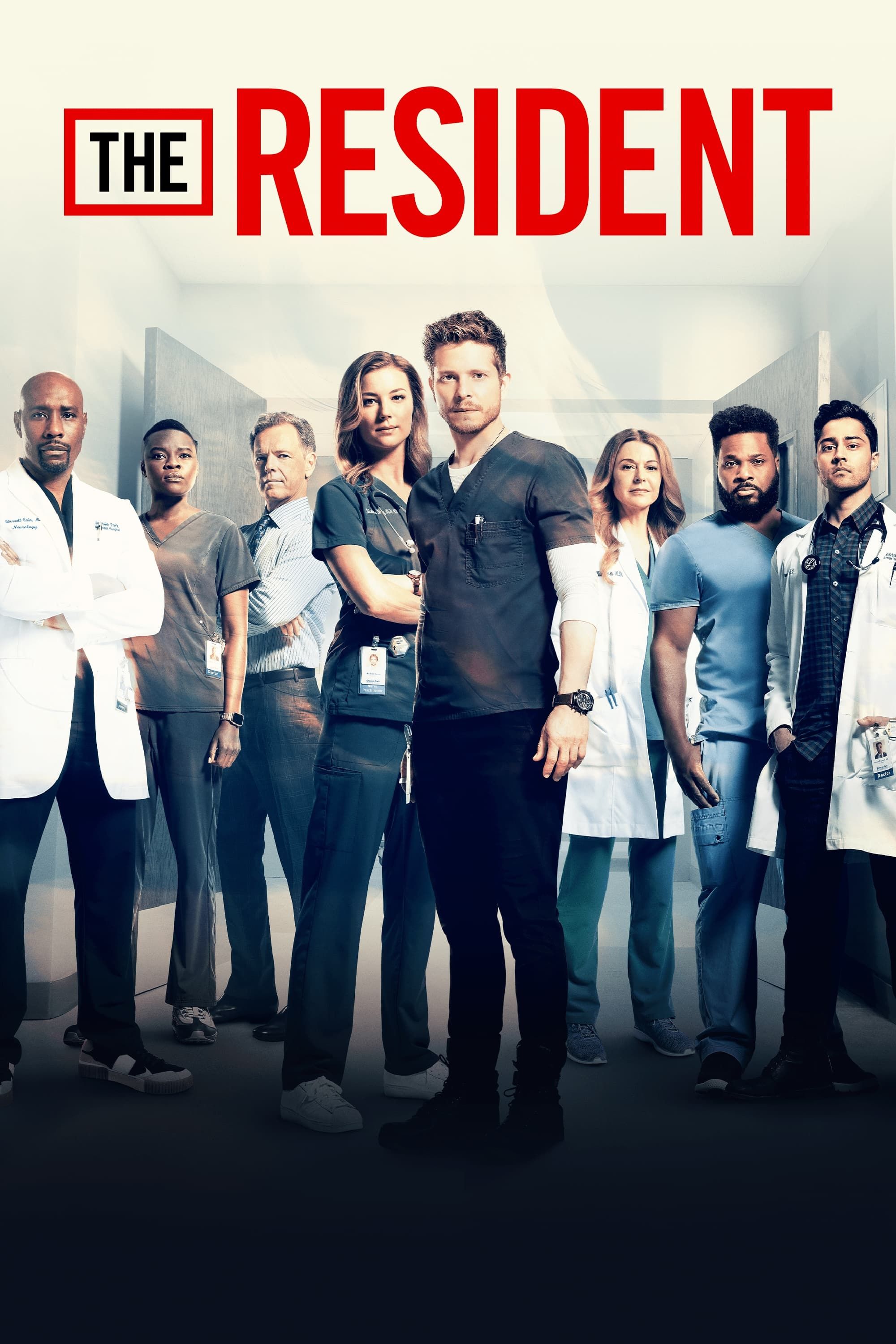 A group of medical doctirs standing together including Matt Czuchry and Emily VanCamp in the poster for The Resident