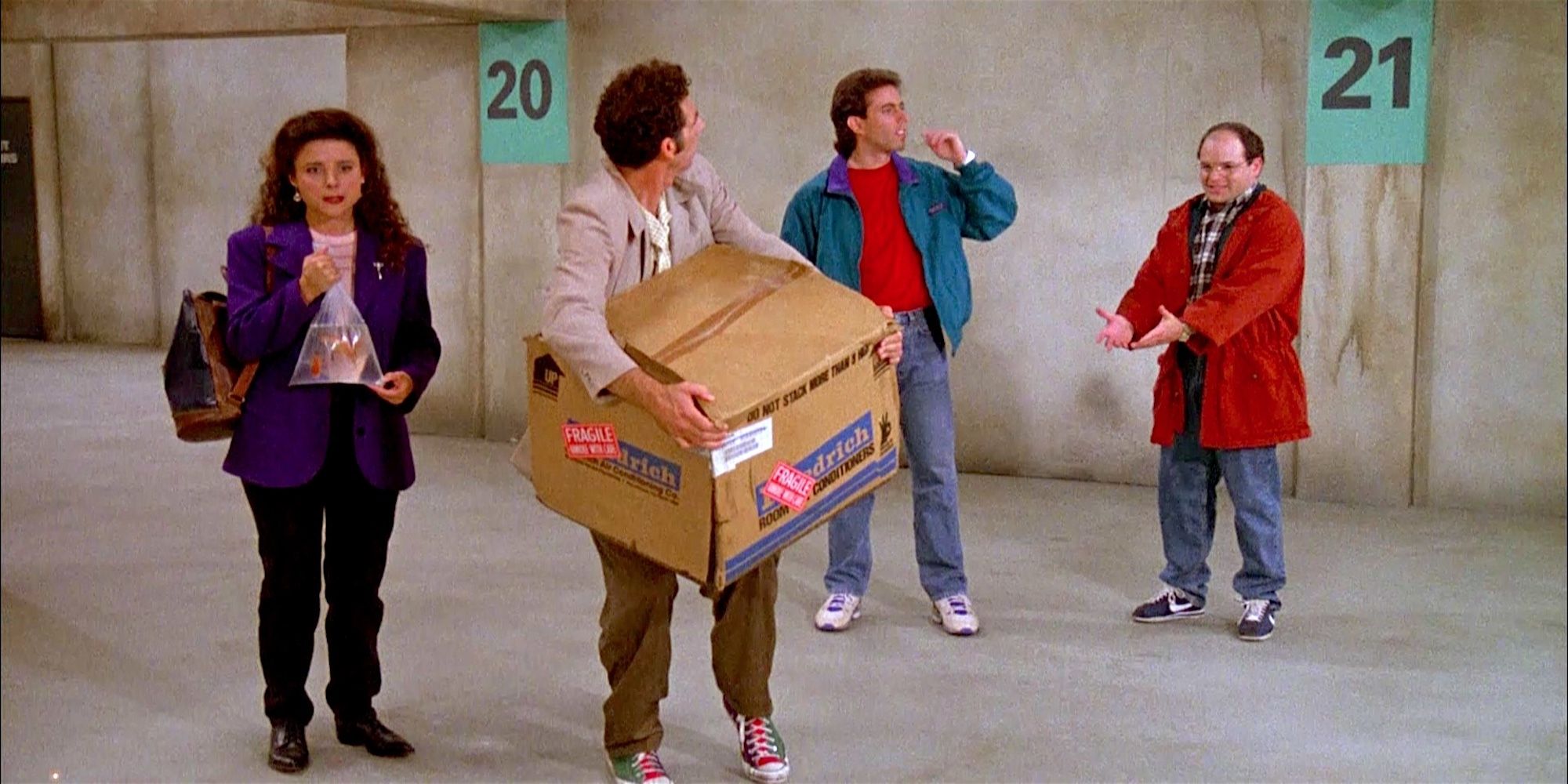 the Seinfeld gang in a parking garage