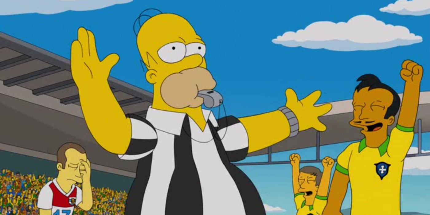 Homer Simpson serves as a referee in the Fifa World Cup, blowing his whistle to make a decision that makes the Brazilian team cheer in 'The Simpsons' Season 25, Episode 16 "You Don't Have to Live Like a Referee" (2014).