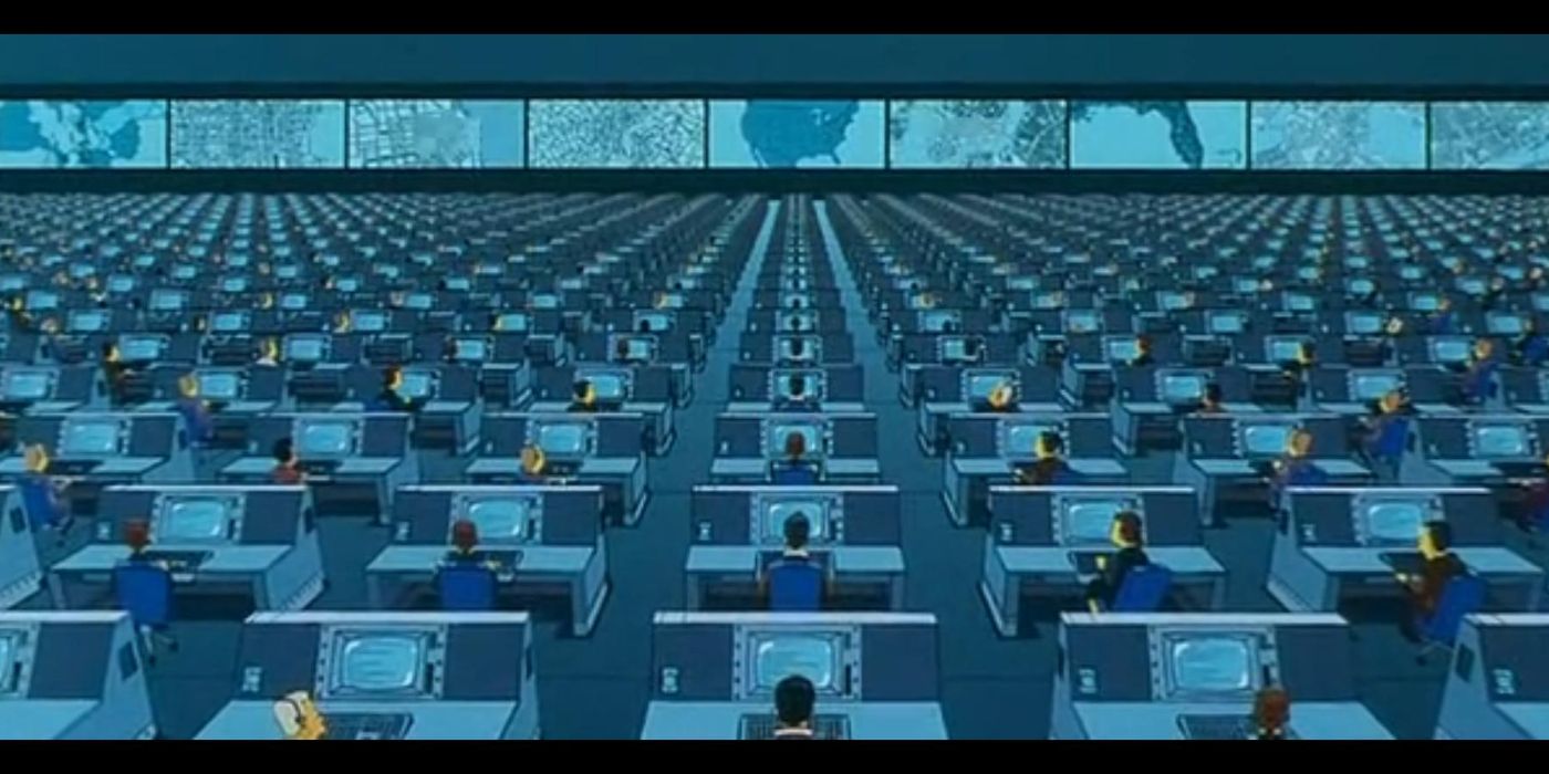 Lines and lines of NSA agents listen in on people's conversations in 'The Simpsons Movie' (2007)