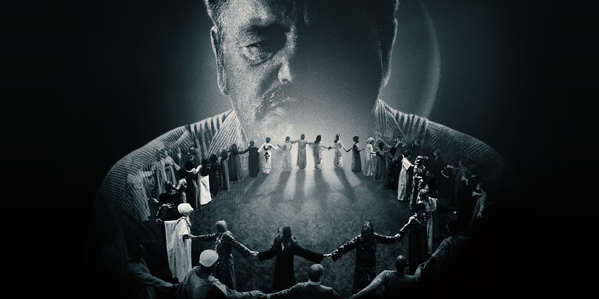 Chuck Dederich's head superimposed over a circle of people holding hands, in black and white, as shown in The Synanon Fix