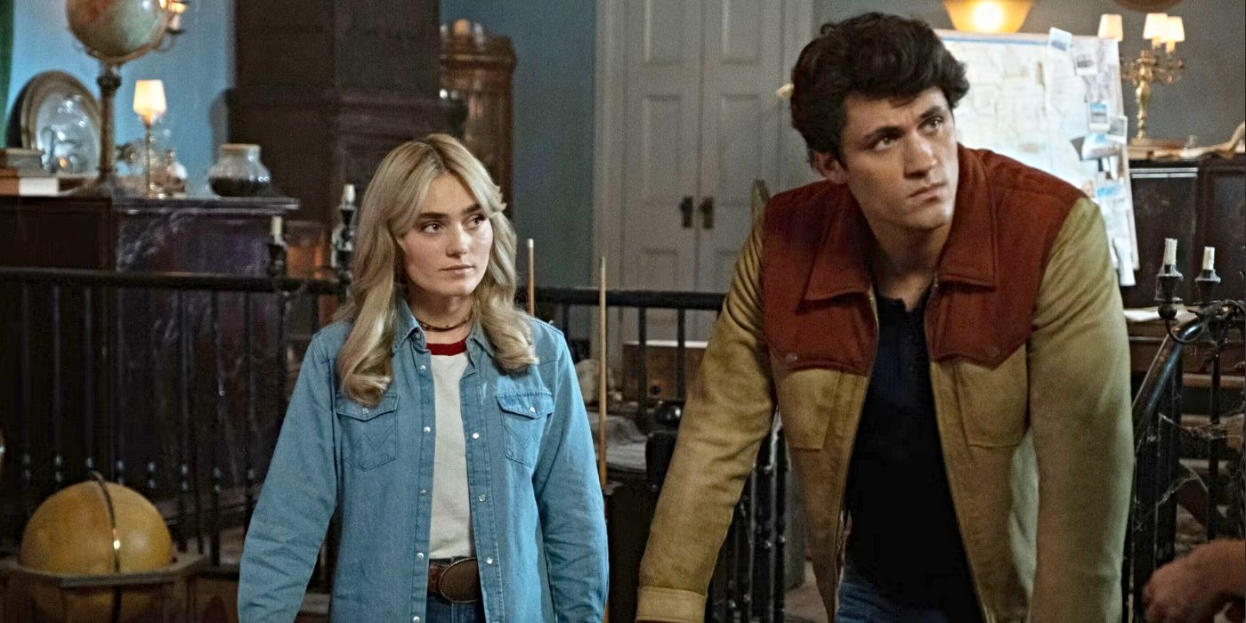 Meg Donnelly and Drake Rodger as Mary Campbell and John Winchester look tense in The Winchesters.