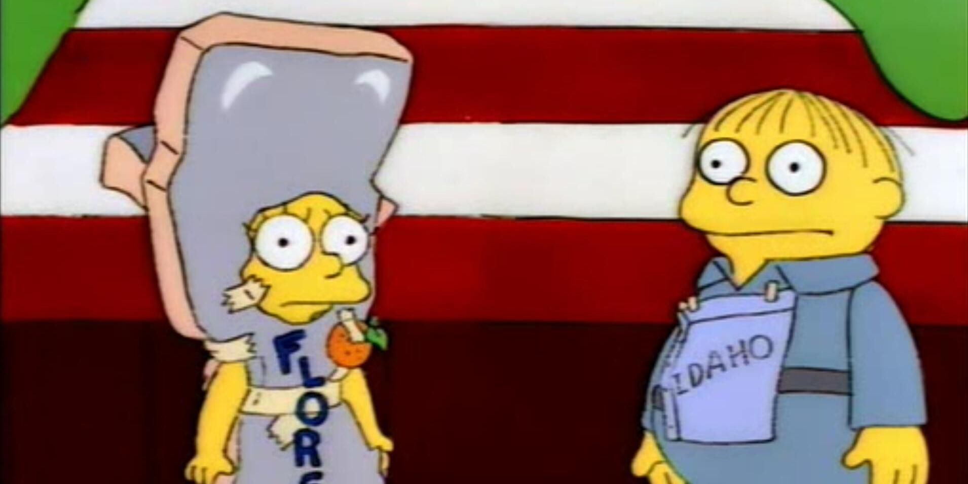 Lisa Simpson dressed up as Florida next to Ralph Wiggum dressed up as Idaho in the Simpsons episode "$pringfield (Or, How I Learned to Stop Worrying and Love Legalized Gambling)"
