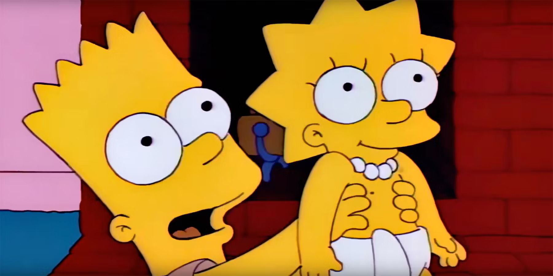 A still from the Simpsons episode "Lisa's First Word" featuring a young Bart Simpson holding a baby Lisa Simpson