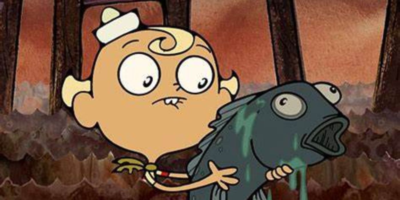 Flapjack stands chest-deep in murky water underneath a dock with a quizzical expression, holding a fish