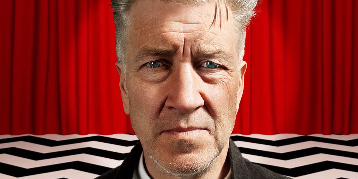 A custom image of David Lynch in front of a Twin Peaks-inspired background with red curtains and a black and white pattern floor
