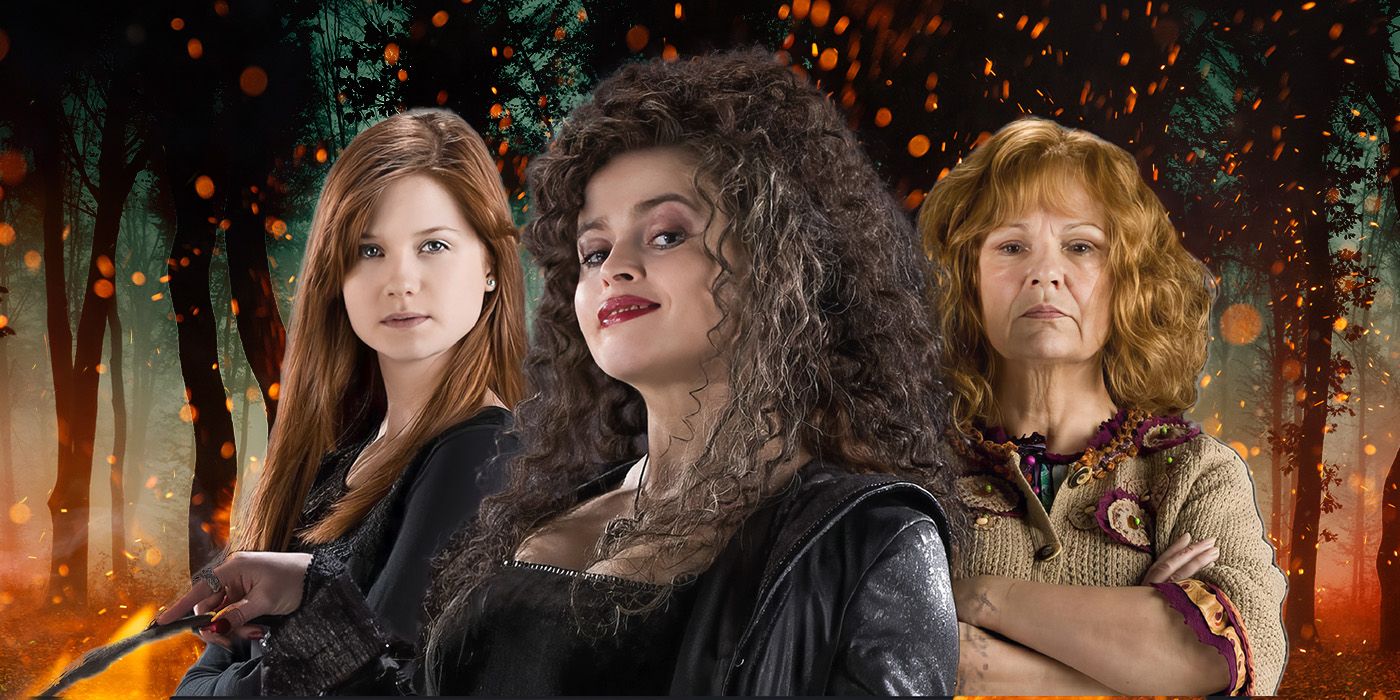 A custom image of Ginny and Molly Weasley with Bellatrix Lestrange in the middle, with burning trees in the background