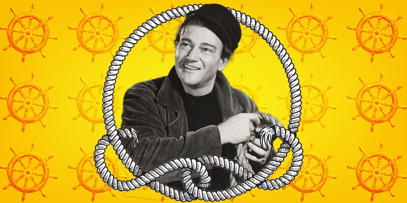 A custom image of John Wayne smiling and holding rope in A Long Voyage Home