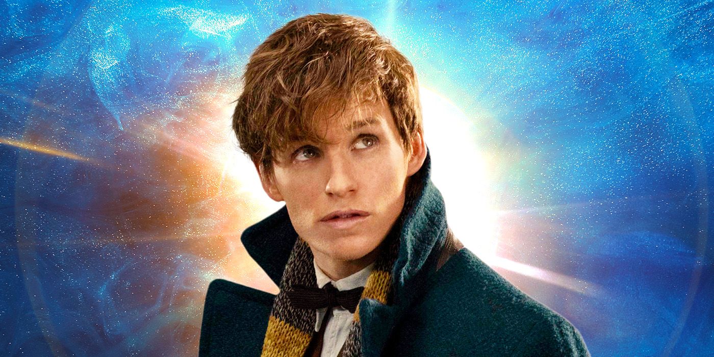 Eddie Redmayne as Newt Scamander of the Fantastic Beasts series, surrounded by glowing blue and orange light