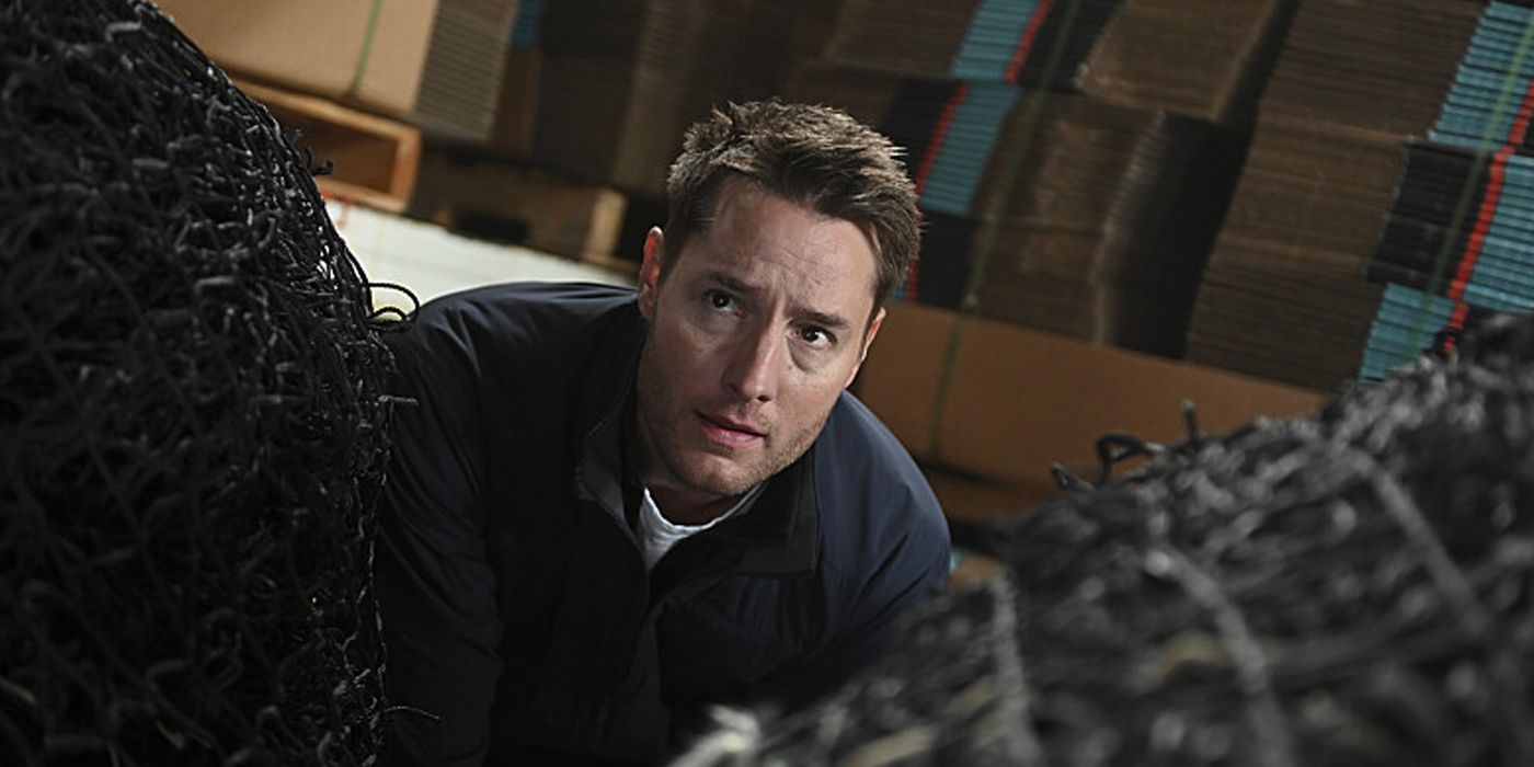 Justin Hartley crouches looking scared in Tracker Episode 8 