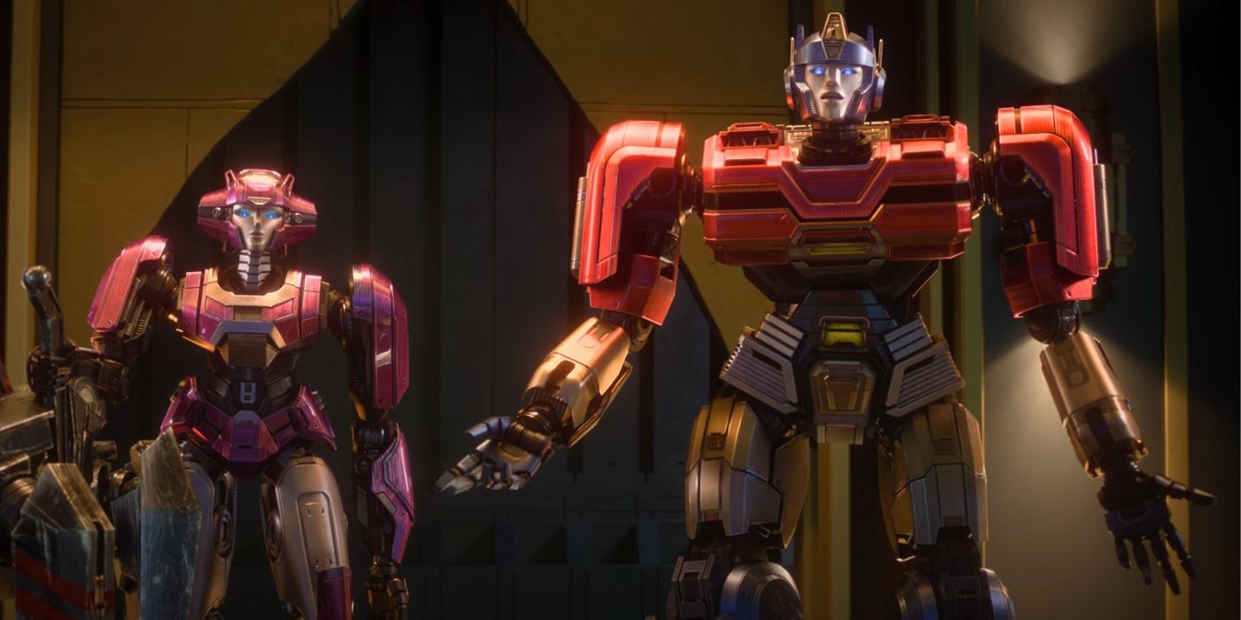 Elita-1, voiced by Scarlett Johansson, and Orion Pax, voiced by Chris Hemsworth, in Transformers One.