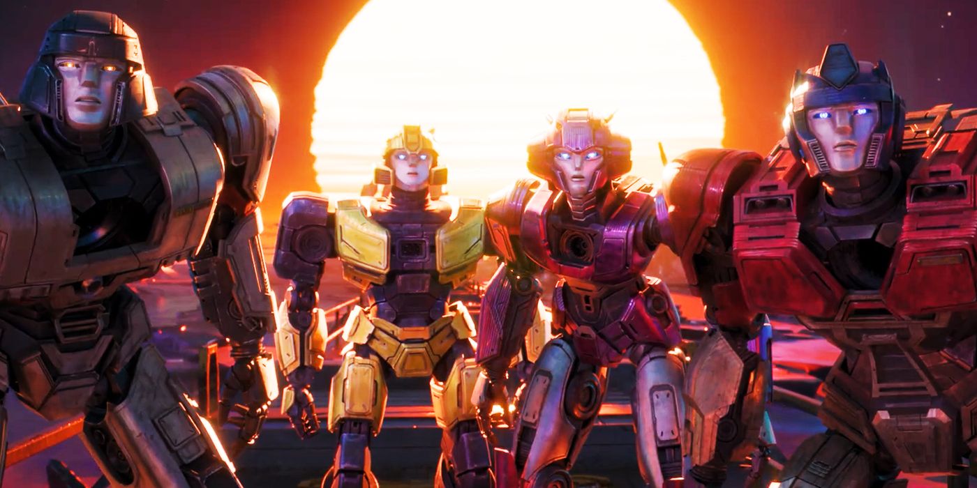D-16, Bumblebee, Elita, and Orion Pax stand shoulder to shoulder against a setting sun on Cybertron