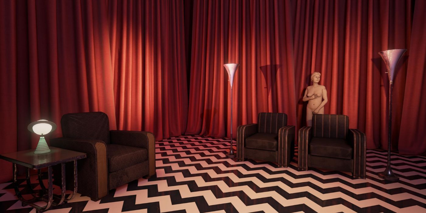 An empty room with red curtains and a funky floor in 'Twin Peaks'