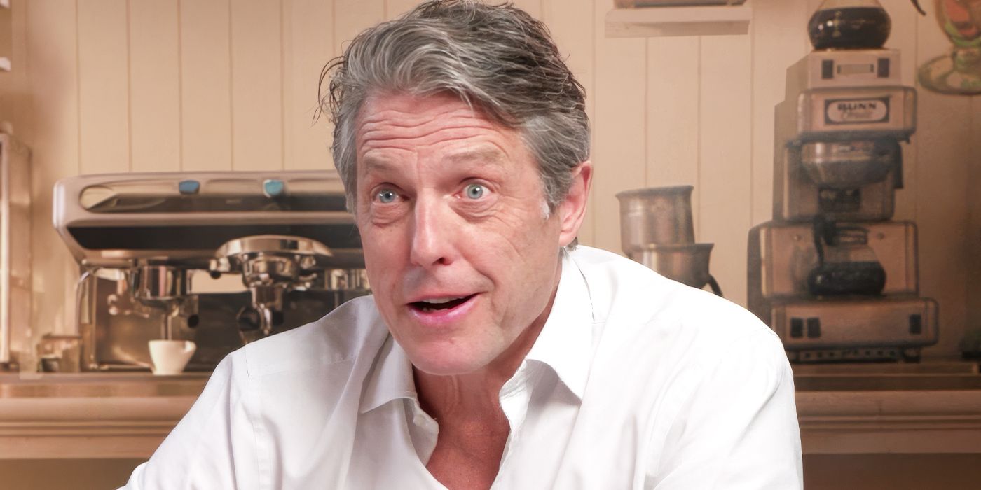Custom image of Hugh Grant talking with an espresso and coffee machine in the background