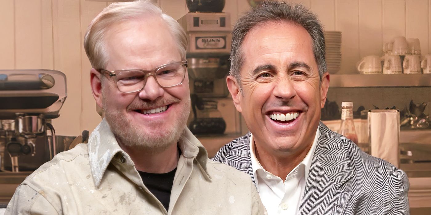 Custom image of Jim Gaffigan and Jerry Seinfeld laughing in front of a kitchen backdrop