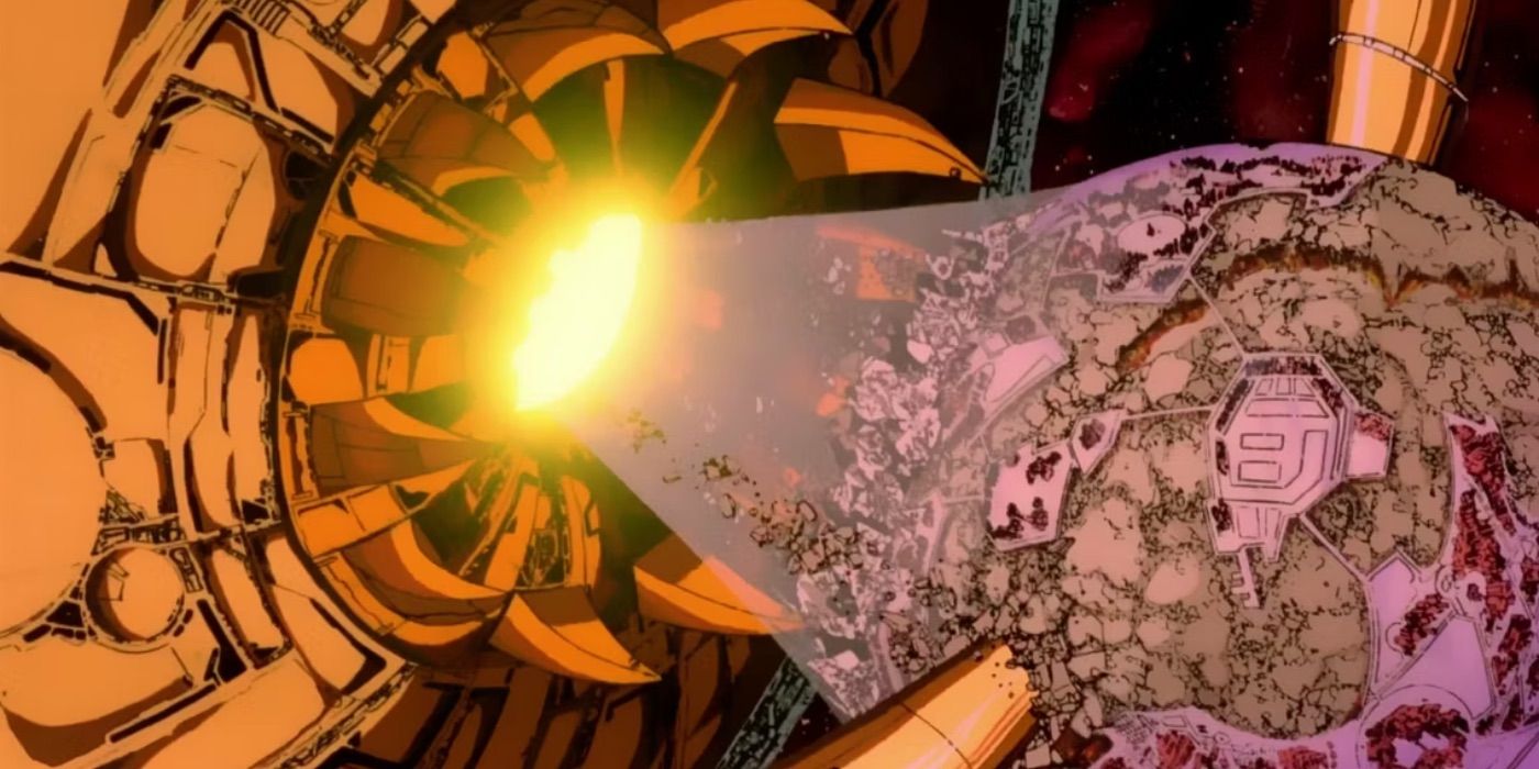 The giant planet robot Unicron setroying a smaller planet with a beam in G1 Tranformers