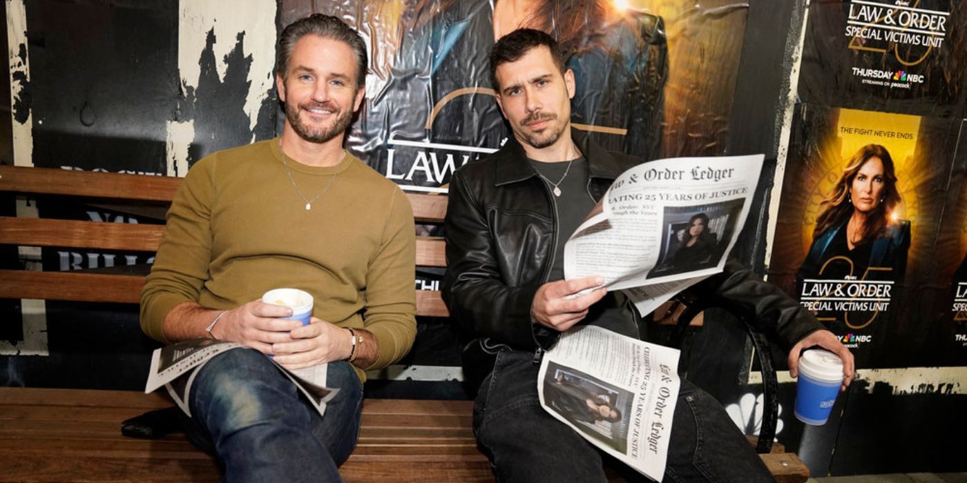 Kevin Kane and Octavio Pisano with newspaper and coffee at SVU Season 25 Celebration Event