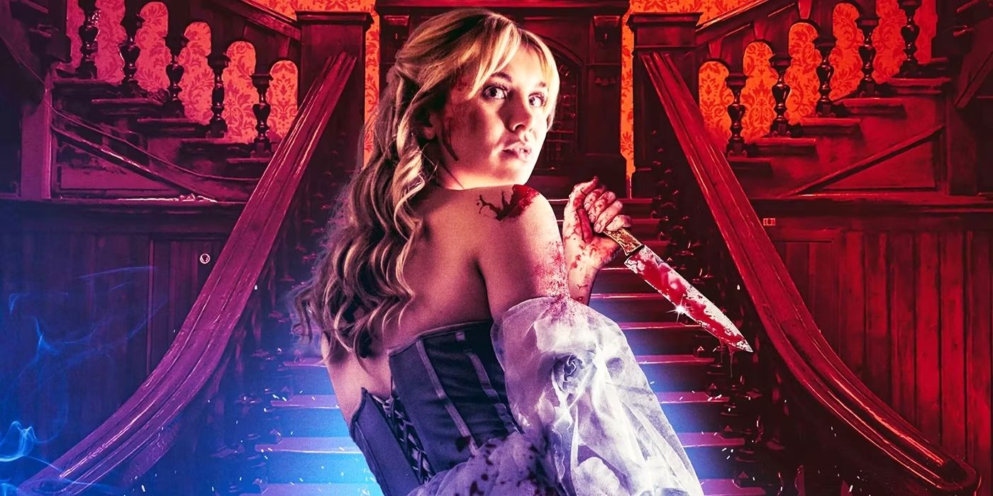 Lauren Staerck holding a bloody knife, standing on a staircase from the Cinderella's Revenge poster
