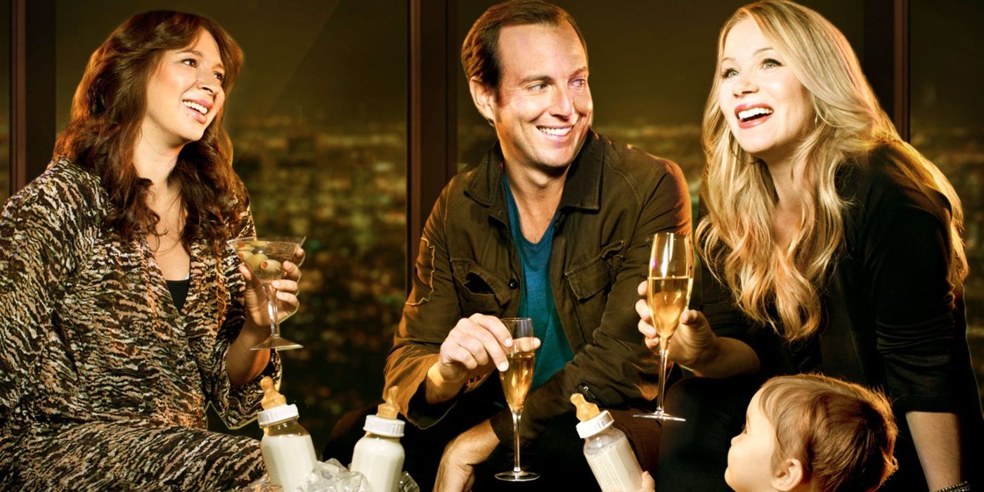 Ava, Chris, and Reagan drink champagne next to the baby with a bottle in 'Up All Night.'