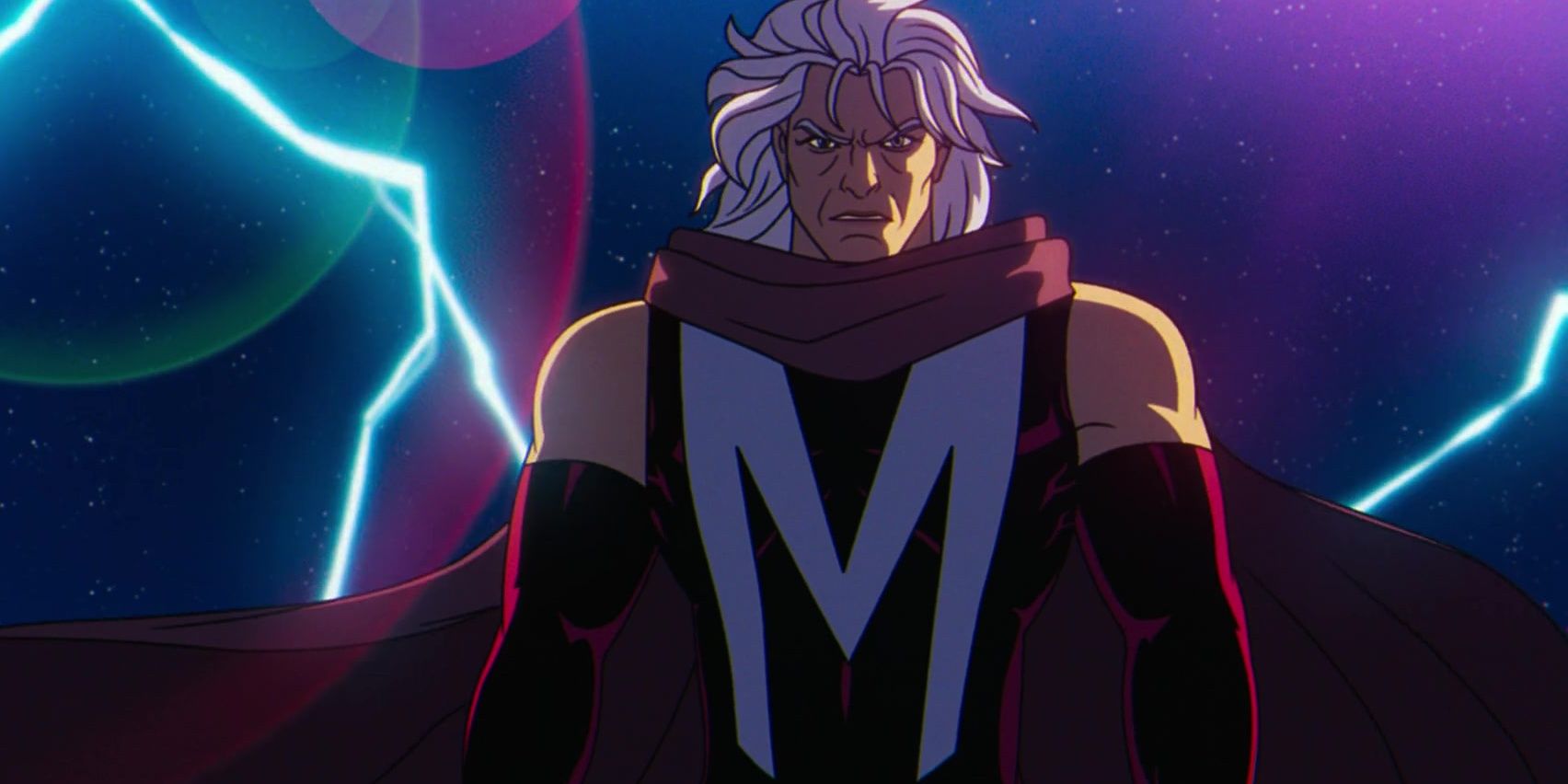 Magneto with his helmet off and lightning behind him in X-Men '97
